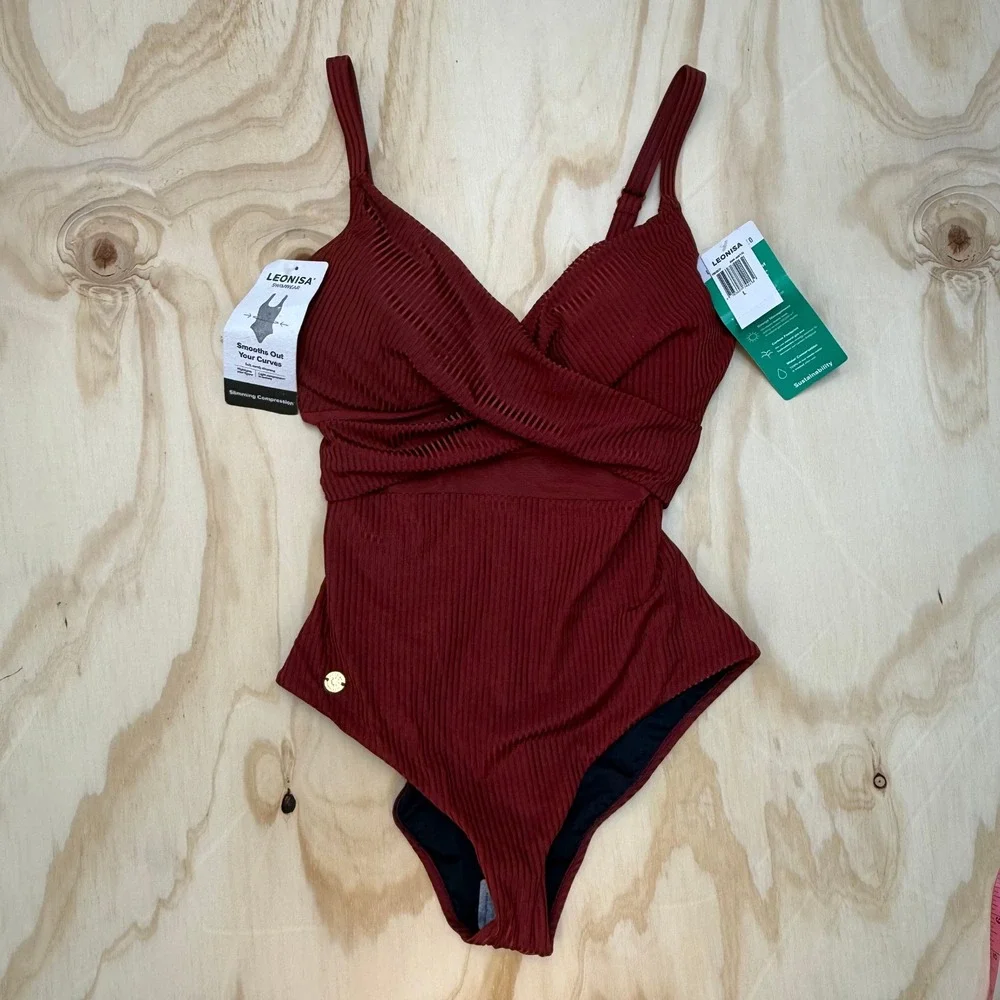 Leonisa Burgundy Ribbed Slimming Compression One Piece Swimsuit 19A057F Size L